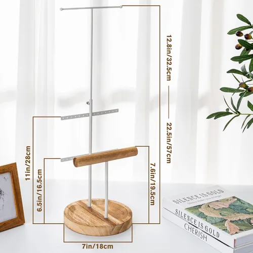 Vista 2 de Becko - Soporte de joyería de 4 niveles, organizador de platos para aretes, soporte para árbol de joyería, con bandeja para anillos de paulownia