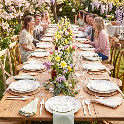 Vista 7 de EI - Juego de 60 platos de plástico color crema, cena de 10.25 pulgadas y platos florales de postre de 7.5 pulgadas, elegantes platos de plástico