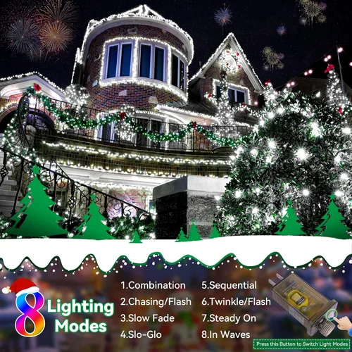Vista 6 de Luces de Navidad para exteriores, 403 pies, 1000 luces LED, 8 modos y función de memoria con temporizador, luces de hadas parpadeantes, IP44, Blanco
