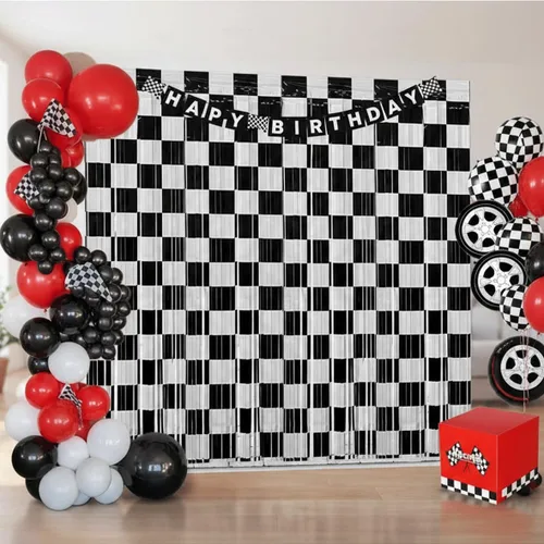 Vista 4 de Decoración de telón de fondo de serpentinas para fiesta de cumpleaños de auto de carreras, 2 piezas de cortina de flecos de papel de aluminio a