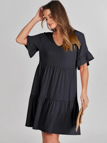 Vista 7 de ANRABESS Vestido de verano para mujer, con cuello en V, manga corta, con volantes, acampanado, escalonado, casual, minivestido de playa con bolsillos