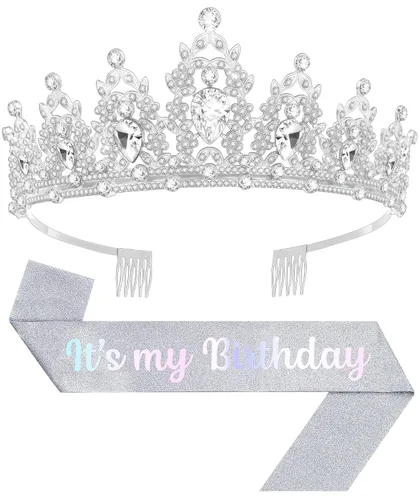 Vista 8 de Tiara de cumpleaños y corona con banda, tiara de cumpleaños para fiesta de mujeres (rosa)