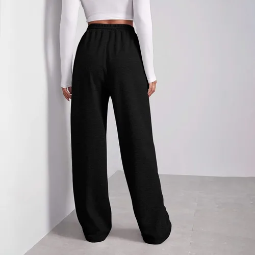 Vista 3 de Pantalones deportivos holgados de pierna ancha para mujer, pantalones deportivos de forro polar con bolsillos, cómodos pantalones de cintura alta