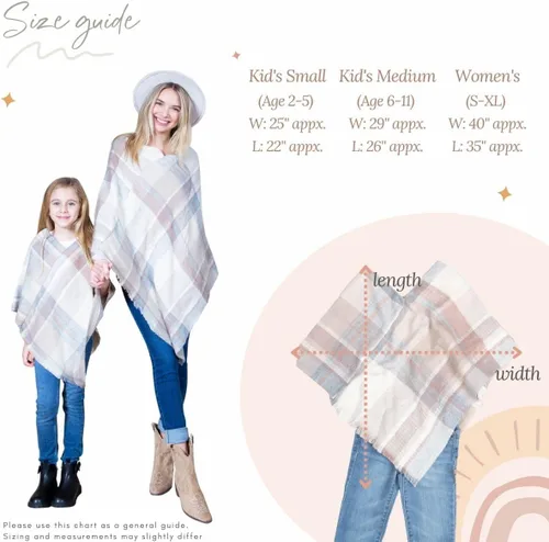 Vista 5 de Manta chal envolvente con capa a juego para mamá y yo Boho Open Front Winter Poncho Buffalo Plaid Warm Cardigan