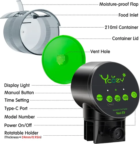 Vista 2 de Ycozy Comedero automático para peces recargable con cable USB, a prueba de humedad, alimentador eléctrico inteligente para peces/tortugas