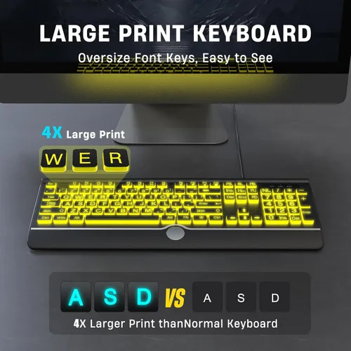 Vista 4 de KOPJIPPOM Teclado de computadora retroiluminado con impresión grande, teclados USB con cable de tamaño completo con retroiluminación de 7
