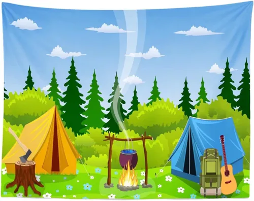Vista 3 de BELECO Telón de fondo de campamento de 5 x 3 pies, tela de dibujos animados, escena del bosque, fogata, tienda de campaña, tienda de campaña