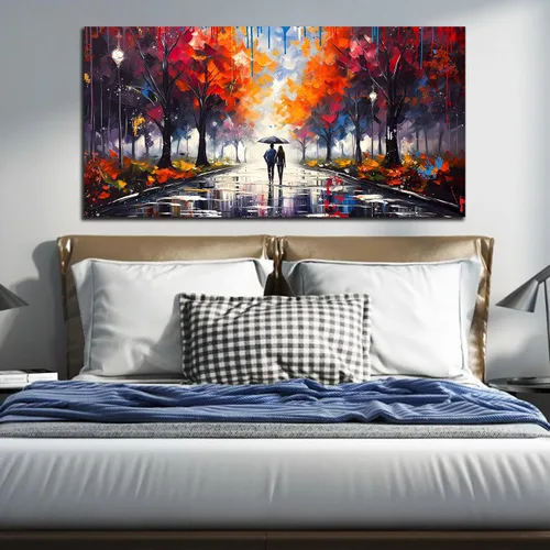 Vista 5 de Lienzo grande para pared de sala de estar, dormitorio, pareja caminando bajo la lluvia, graffiti, árbol rojo, impresiones en lienzo enmarcadas