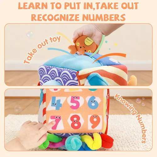 Vista 6 de SAIMAND Juguetes para bebés de 6 a 12 meses – Caja suave misteriosa con 5 animales marinos de peluche, sonajero, papel crujiente y espejo – Juguetes
