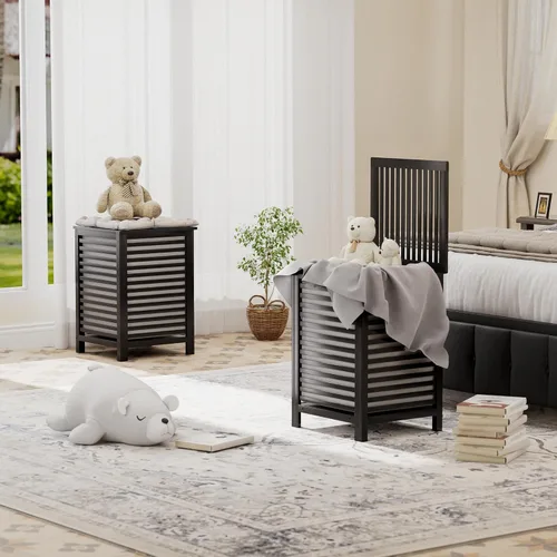 Vista 8 de SMIBUY cesta de lavandería doble con tapa, canasta de lavandería de bambú de 120L con bolsa interior extraíble, clasificador de ropa de 2 secciones