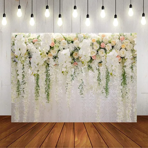 Vista 5 de Mocsicka Telón de fondo de pared de flores de boda para sesión de fotos, decoración de boda para recepción, pancarta de fondo floral de rosa blanca