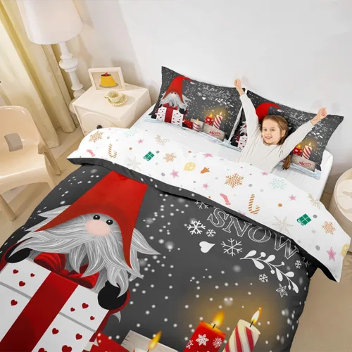 Vista 3 de Erosebridal Juego de ropa de cama de Navidad escandinavos gnomos de Papá Noel, funda de edredón de Papá Noel nevando para niños y niñas, funda