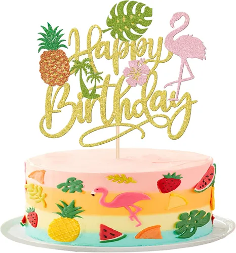 Vista 10 de 1 pieza de decoración de pastel de flamenco con purpurina para palmera, tortuga, hoja, flor, piña, flamenco, decoración para tartas tropicales