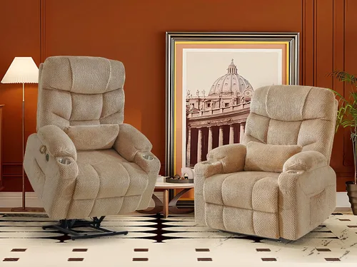 Vista 9 de CDCASA Silla Reclinable de Elevación Eléctrica de Gran Tamaño con Doble Motor que se Recuesta Completamente con Masaje, Calefacción, Textil