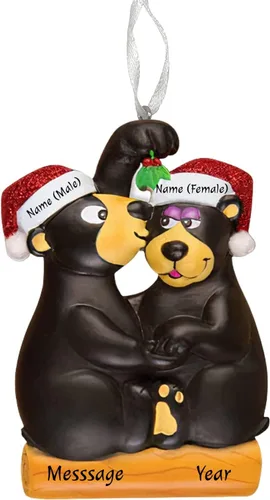 Vista 2 de Adorno personalizado de oso negro para pareja, besándose bajo el muérdago, árbol de Navidad, boda, familia, decoración personalizada con purpurina