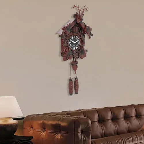 Vista 9 de TFCFL Reloj de pared de cuernos, movimiento de cuarzo silencioso, funciona con pilas, reloj de pared con péndulo y carillón de pájaro de cuco