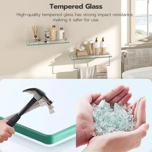 Vista 8 de HOOBRO Estantes de vidrio para baño, estante de vidrio flotante de 15.7 pulgadas para pared, juego de 2 soportes montados en la pared de acero