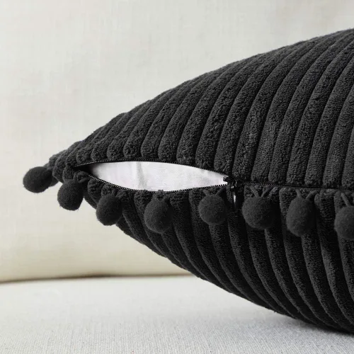Vista 3 de Fancy Homi Juego de 2 fundas de almohada decorativas negras de 12 x 12 pulgadas con pompones para sofá y cama, decoración moderna de estilo bohemio