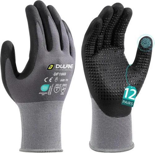 Vista 9 de DULFINE Safety Work Gloves for Men & Women, MicroFoam Nitrile Coated Nylon Black Grip for General Purpose, 3/6/12/36 Pairs