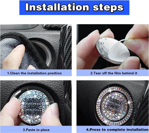 Vista 5 de 2 calcomanías para anillo exterior de un botón de arranque de automóvil, diamantes de imitación brillantes que protegen completamente el botón