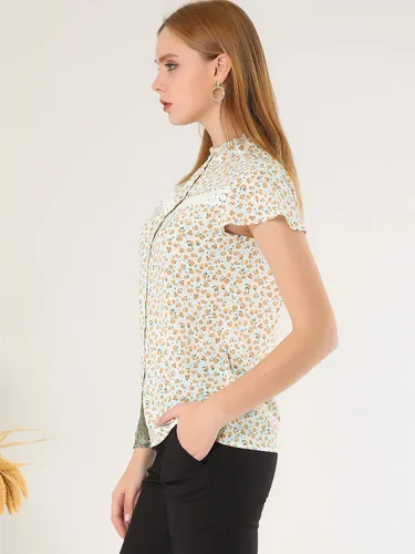 Vista 4 de Allegra K Blusa de verano con botones y cuello con volantes para mujer, M