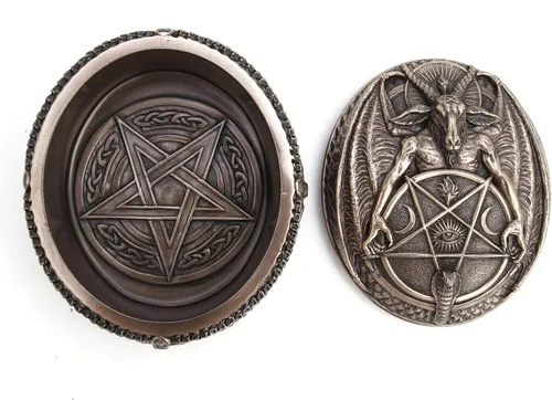 Vista 4 de Veronese Design Wiccan Pentagram Baphomet Oval en forma de caja de baratija Escultura de resina Acabado de bronce