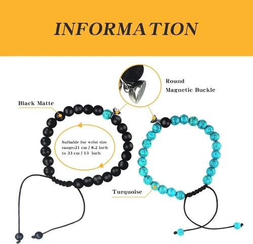 Vista 28 de 2 pulseras magnéticas para parejas, piedra natural negra mate, cristal para votos de amor eterno, juego de pulseras de cuentas de piedra de energía