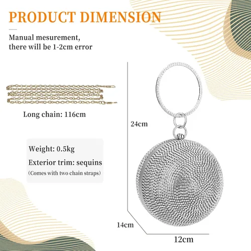 Vista 3 de CORIOS Bolso de mano redondo de cristal para mujer, bolso de noche con diamantes de imitación, lentejuelas brillantes, bolso de hombro