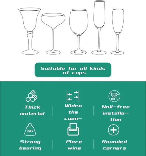 Vista 6 de Soporte para copas de vino, paquete de 2 soportes para copas de vino debajo del gabinete (negro) No-drilling Wine Glass Rack, Quick to Install