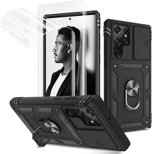 Vista 8 de Jeylly Funda para Galaxy A12 con cubierta deslizante para cámara, protector de pantalla de vidrio templado, protección híbrida de policarbonato duro