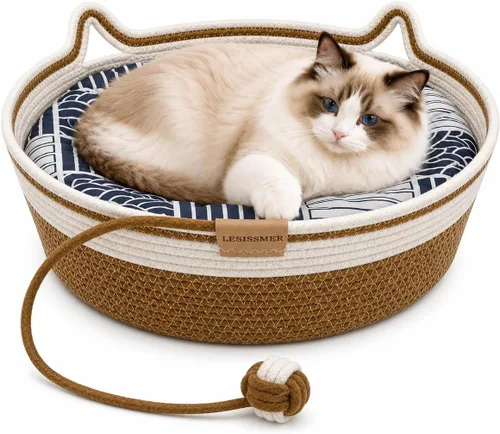 Vista 10 de Cesta de cama para gatos de interior Cuerda de algodón tejida a mano con Gris