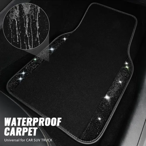Vista 3 de CAR PASS - Funda de volante de cuero con diamantes brillantes, tapetes de piso de 36.8 cm a 38.1 cm con diamantes de imitación brillantes, alfombra
