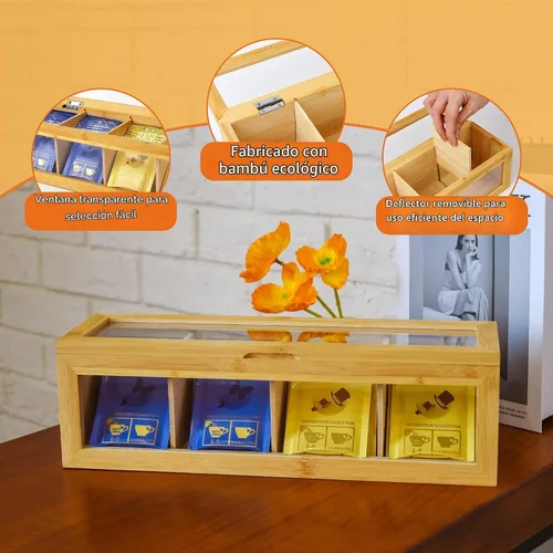 Vista 5 de Organizador de bolsas de té, soporte para bolsas de té de bambú, con tapa magnética y ventana, 4 compartimentos para almacenamiento de bolsas de té