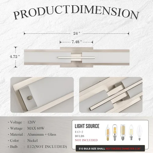 Vista 5 de VitaLink Lámpara de tocador de baño de 24 pulgadas, níquel satinado, 2 luces de vidrio esmerilado para baño, accesorios de iluminación cableados