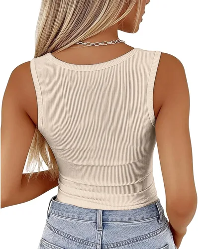 Vista 4 de Camisetas sin mangas para mujer, cuello redondo, acanaladas, lisas, ligeras, ajustadas, básicas, trajes de verano 2026