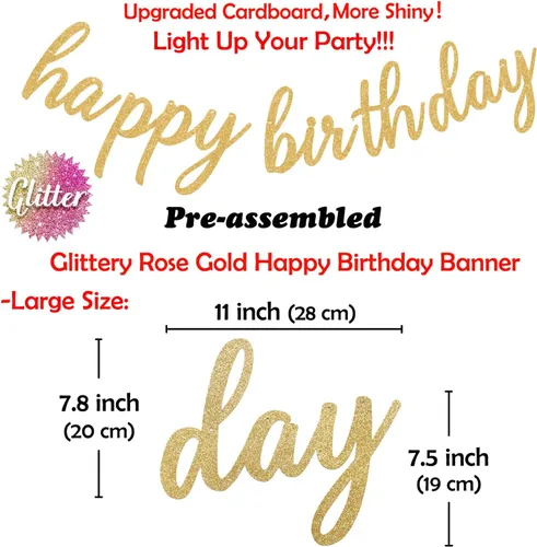 Vista 2 de Decoraciones de feliz cumpleaños rosa y dorado – Cartel dorado de feliz cumpleaños, flores con pompones, guirnalda de puntos circulares brillantes
