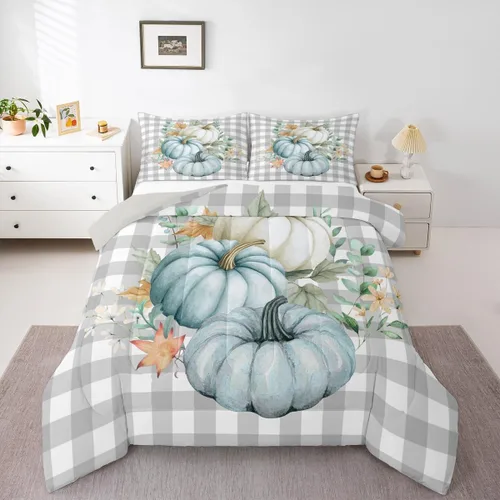 Vista 10 de Erosebridal Juego de edredón individual de pavo de Acción de Gracias, juego de ropa de cama de calabaza con hojas de otoño para niños y adultos