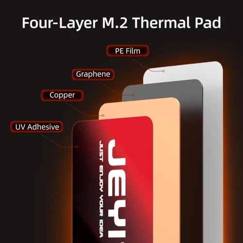 Vista 5 de JEYI M.2 2280 SSD disipador de calor, grafeno+hoja de cobre, ultradelgado de 0.5mm, conductividad térmica de 1500W/mK, para SSDs NVMe/SATA (5 piezas)