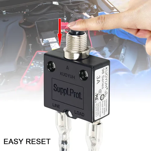 Vista 3 de Interruptor automático de 3 amperios con botón pulsador, comprobador de fusibles, reinicio manual de 32 V, protección de bajo voltaje con tapa