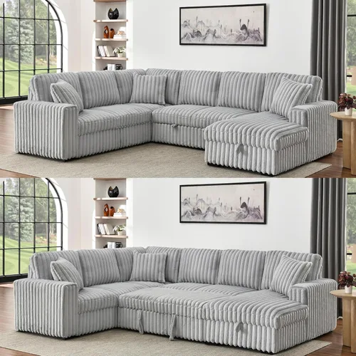 Vista 8 de DEINPPA Sofá cama de 122 pulgadas con cama extraíble, sofá modular de pana peluda gruesa con diván de almacenamiento y puertos de carga, sofás