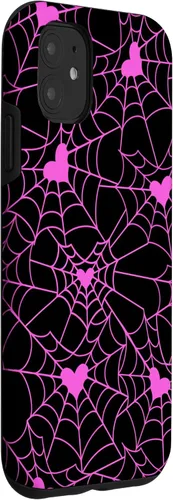 Vista 3 de Carcasa para iPhone 11 con diseño de telaraña, color rosa y negro