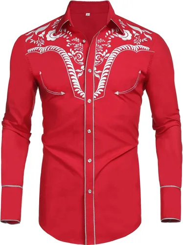 Vista 2 de Daupanzees Camisas bordadas de manga larga para hombre, ajustadas, casuales, con botones