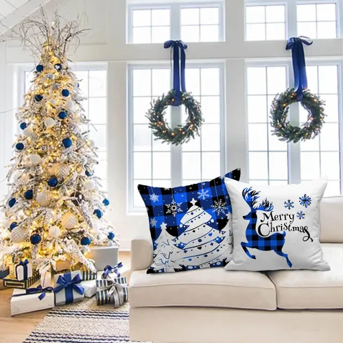 Vista 7 de Lanpn Juego de 4 fundas de almohada navideñas de 16 x 16 pulgadas, fundas decorativas de Navidad de 16 x 16 pulgadas, fundas de almohada a cuadros