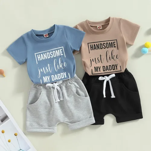 Vista 2 de Conjunto de camiseta de manga corta para bebé y niño, ropa de verano, con cordón enrollado