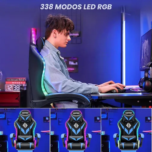 Vista 4 de Silla RGB para videojuegos con masaje y luces LED, ergonómicas, con reposapiés, respaldo alto, silla reclinable para computadora con soporte lumbar