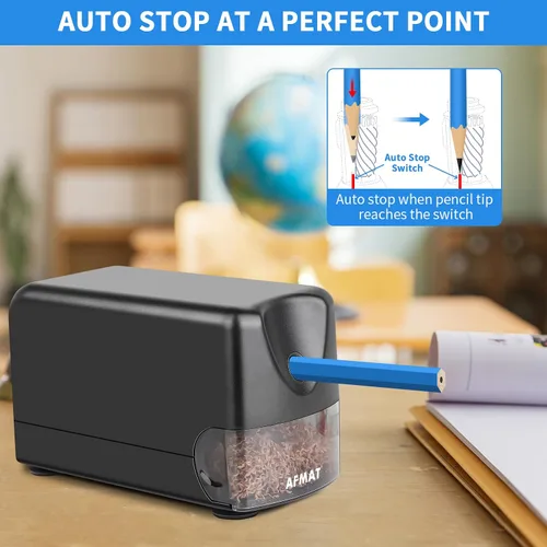 Vista 3 de AFMAT Sacapuntas eléctrico resistente, sacapuntas de aula para lápices de colores n.º 2 de 6 a 0.433 in, parada automática, punta afilada, guardar