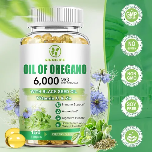 Vista 6 de Aceite de orégano con aceite de semilla negra, cápsulas de aceite de orégano de 6000 mg para apoyo inmunológico con alto contenido de carvacrol