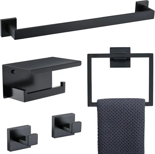 Vista 18 de Juego de Barras Portotoallas Negro Mate de 5 Piezas, Juego de Accesorios de Ferretería para Baño, Juego de Portotoallas Moderno de 23.6 Pulgadas