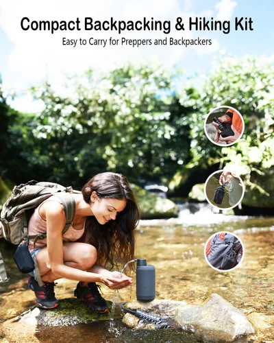 Vista 9 de Purificador de agua portátil para acampar Sistema de filtración de agua dual de 0.01 micrones para mochileros al aire libre, senderismo, emergencia