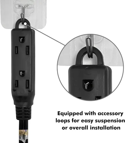 Vista 3 de Cable de extensión de enchufe plano de 3 tomas, certificado UL, cable de extensión para interiores de 16 calibre 1 pie negro de 3 puntas, tira